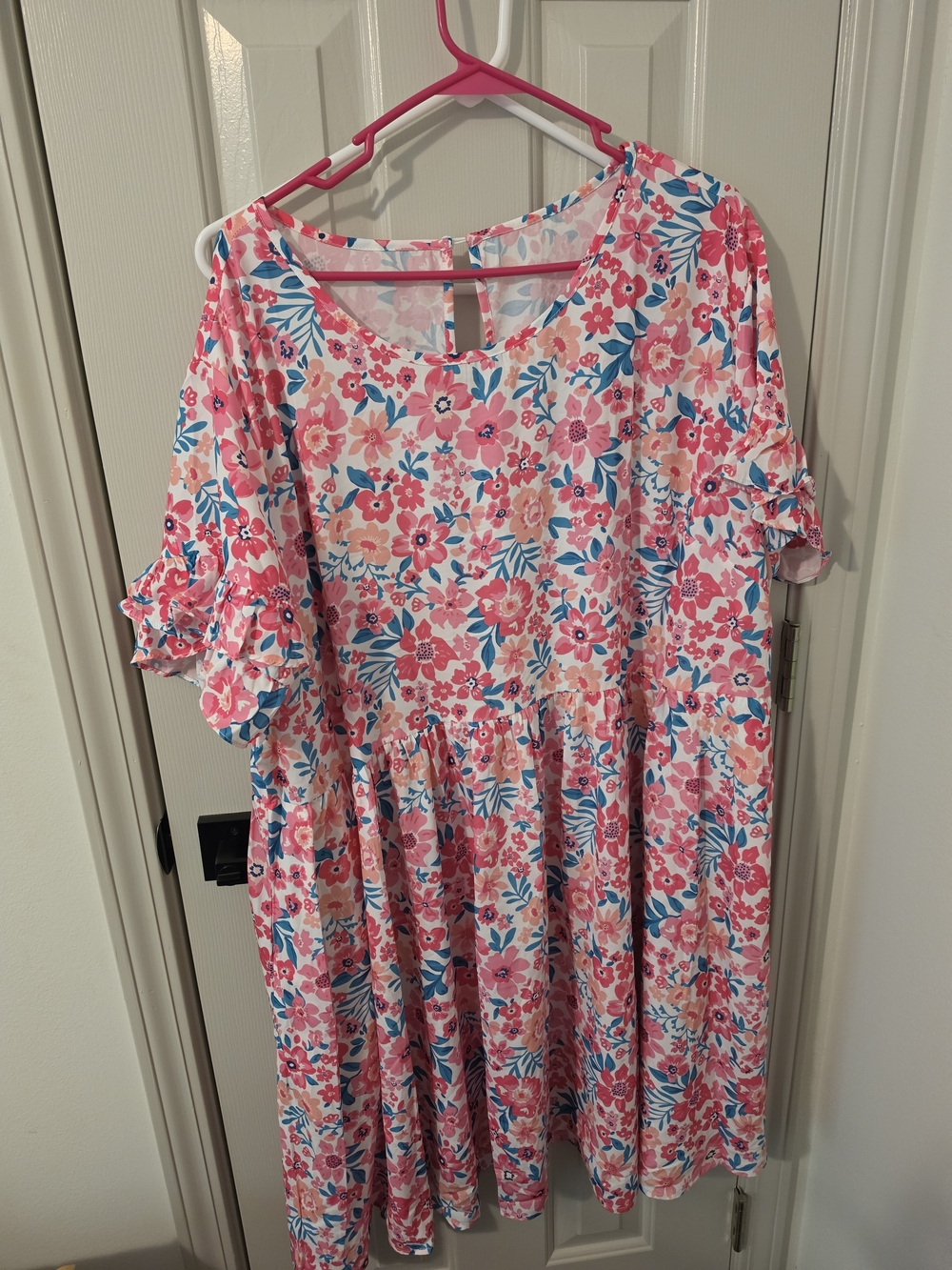 Womens Pink Floral Ruffle-Sleeve Dress